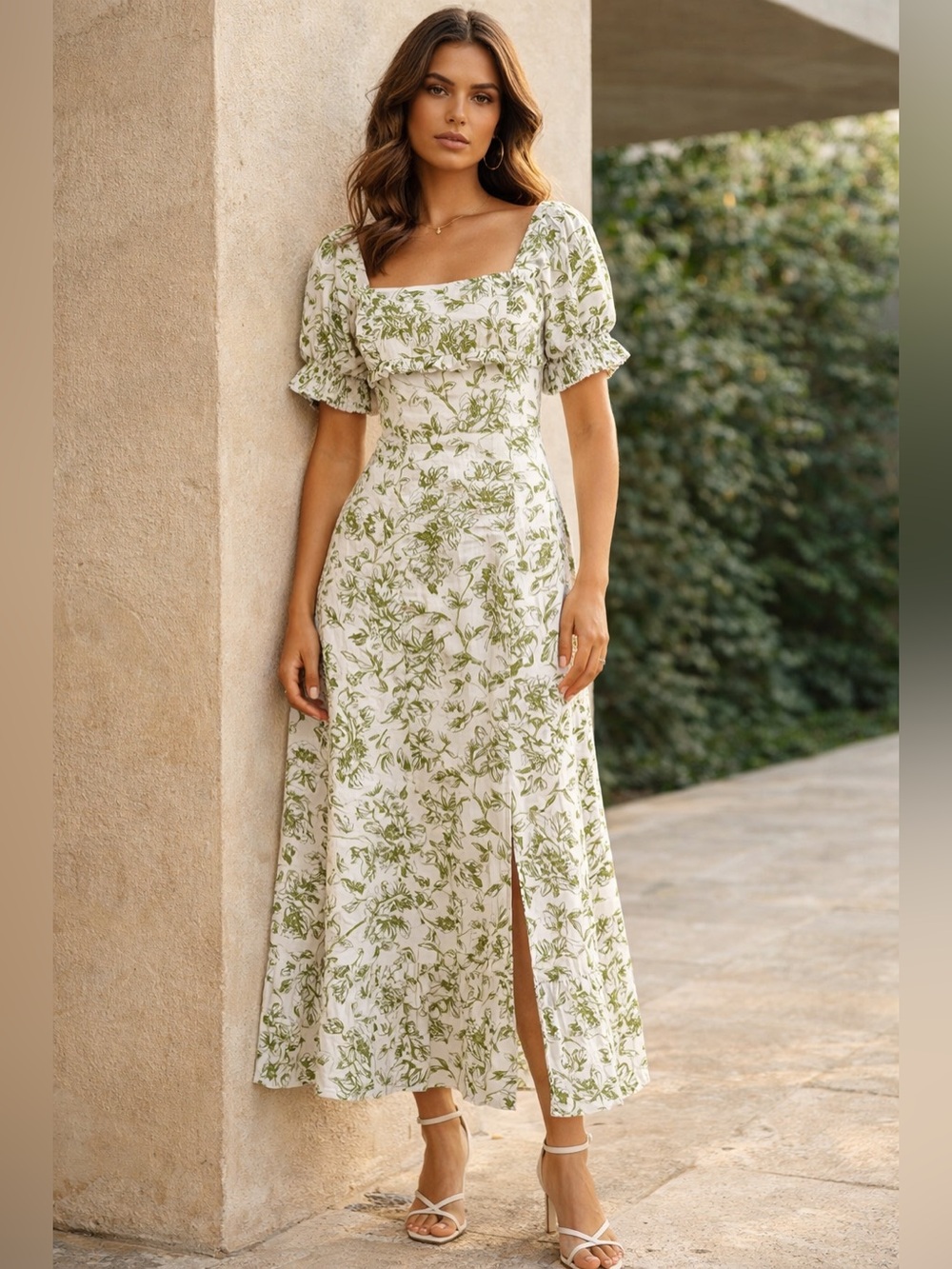 Greylin Triana Green Floral Botanical Toile Smocked Midi Dress puffed sleeves